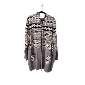 Rachel Zoe Grey Black Aztec Pattern Long Sleeve Hooded Cardigan - Sz 2X